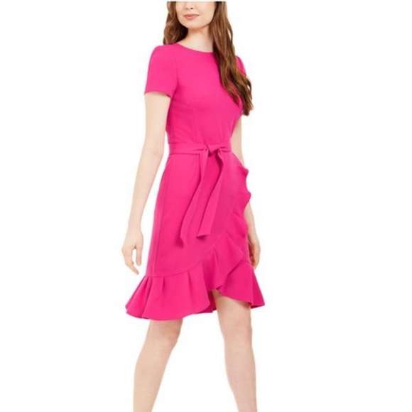 Calvin Klein Dresses & Skirts - Calvin Klein Fushia dress 10 faux wrap ruffle trim tie waist